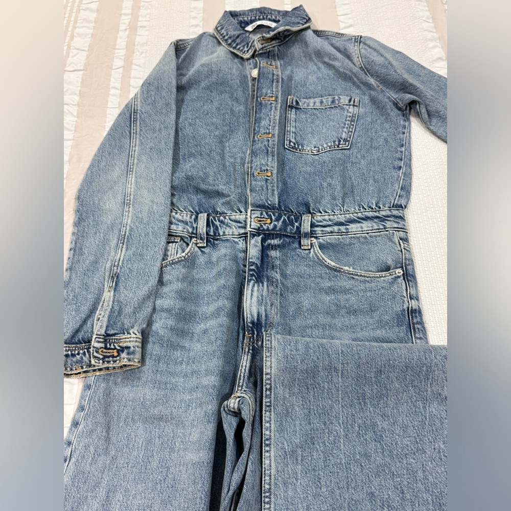Zara long sleeve wide leg jean jumpsuit
